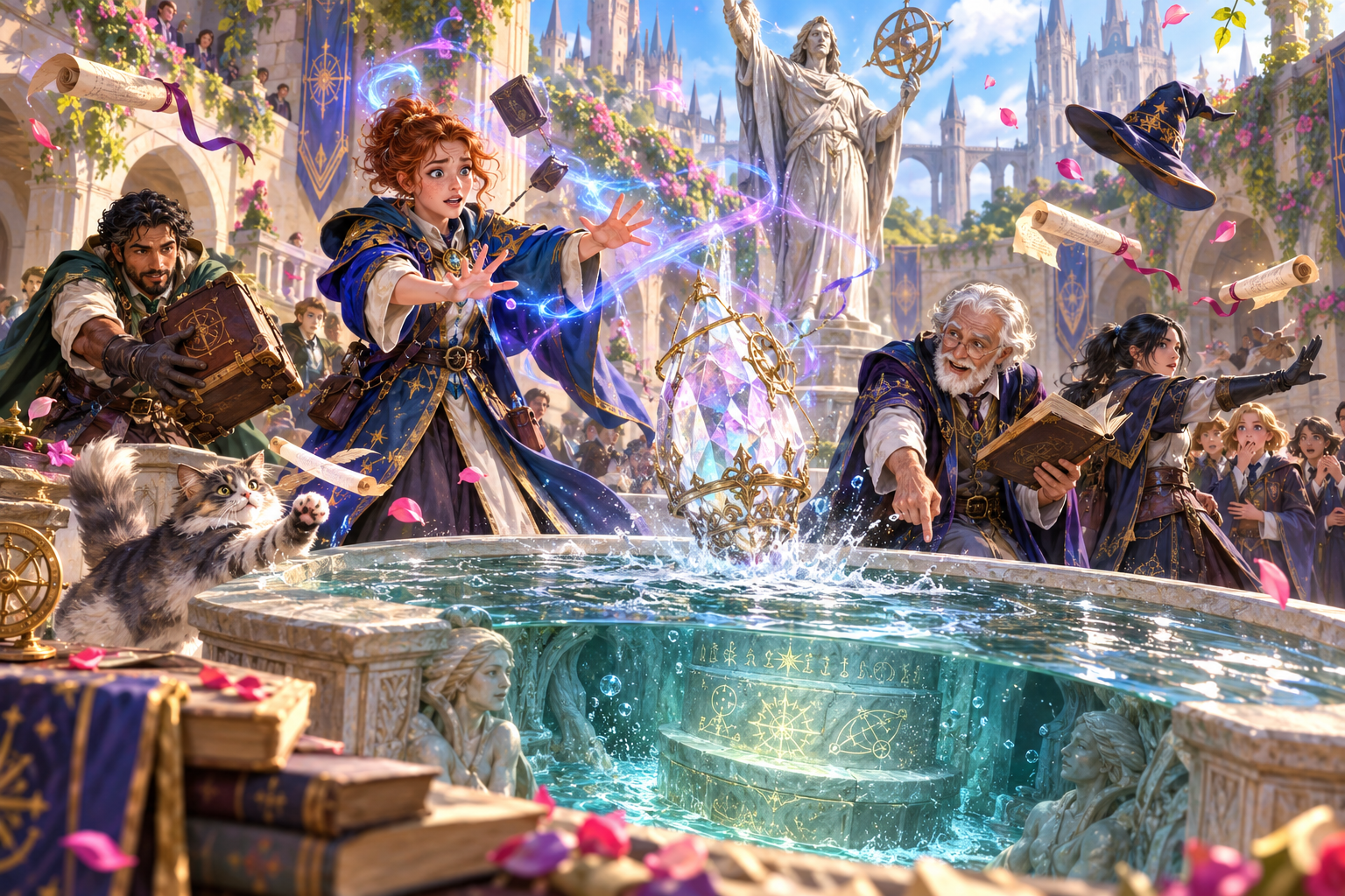 Fantasy illustration of a magical mishap at a fountain with surprised companions and witnesses