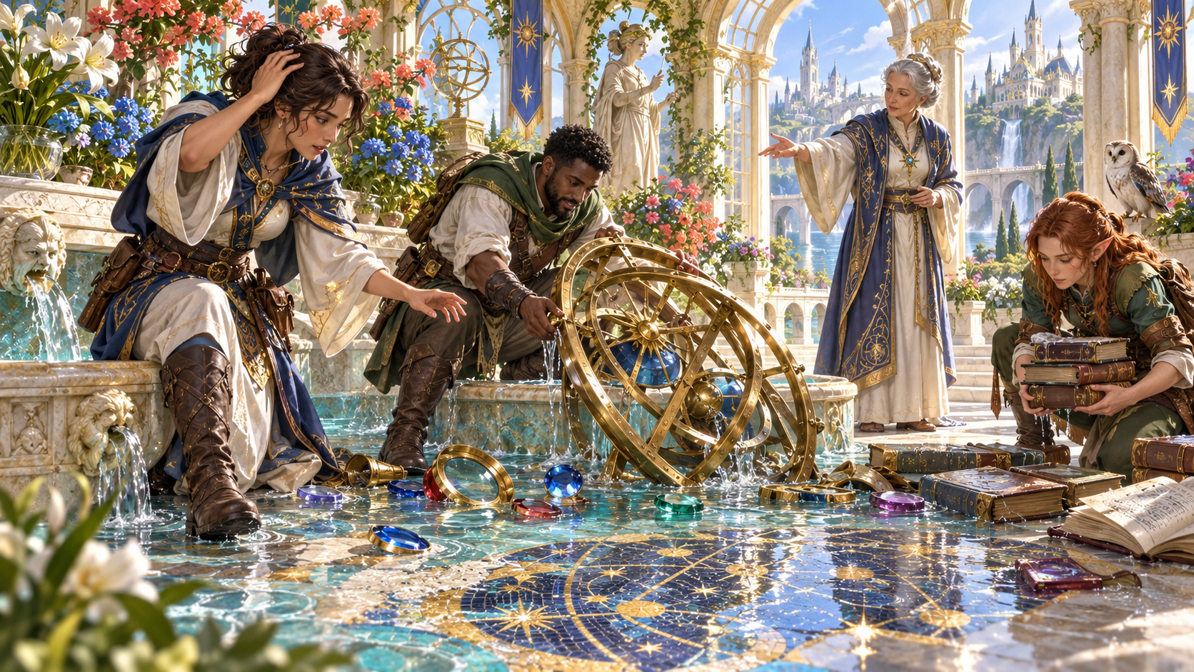 Fantasy illustration of an interrupted magical task, scattered pieces and companions preparing to recover