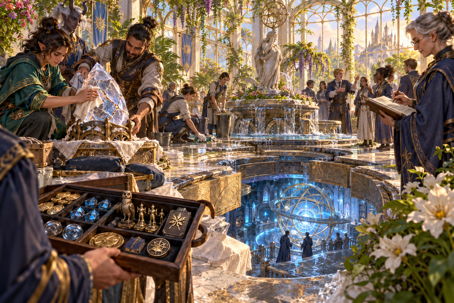 Fantasy illustration of companions repairing a crystal while an opening reveals a new discovery