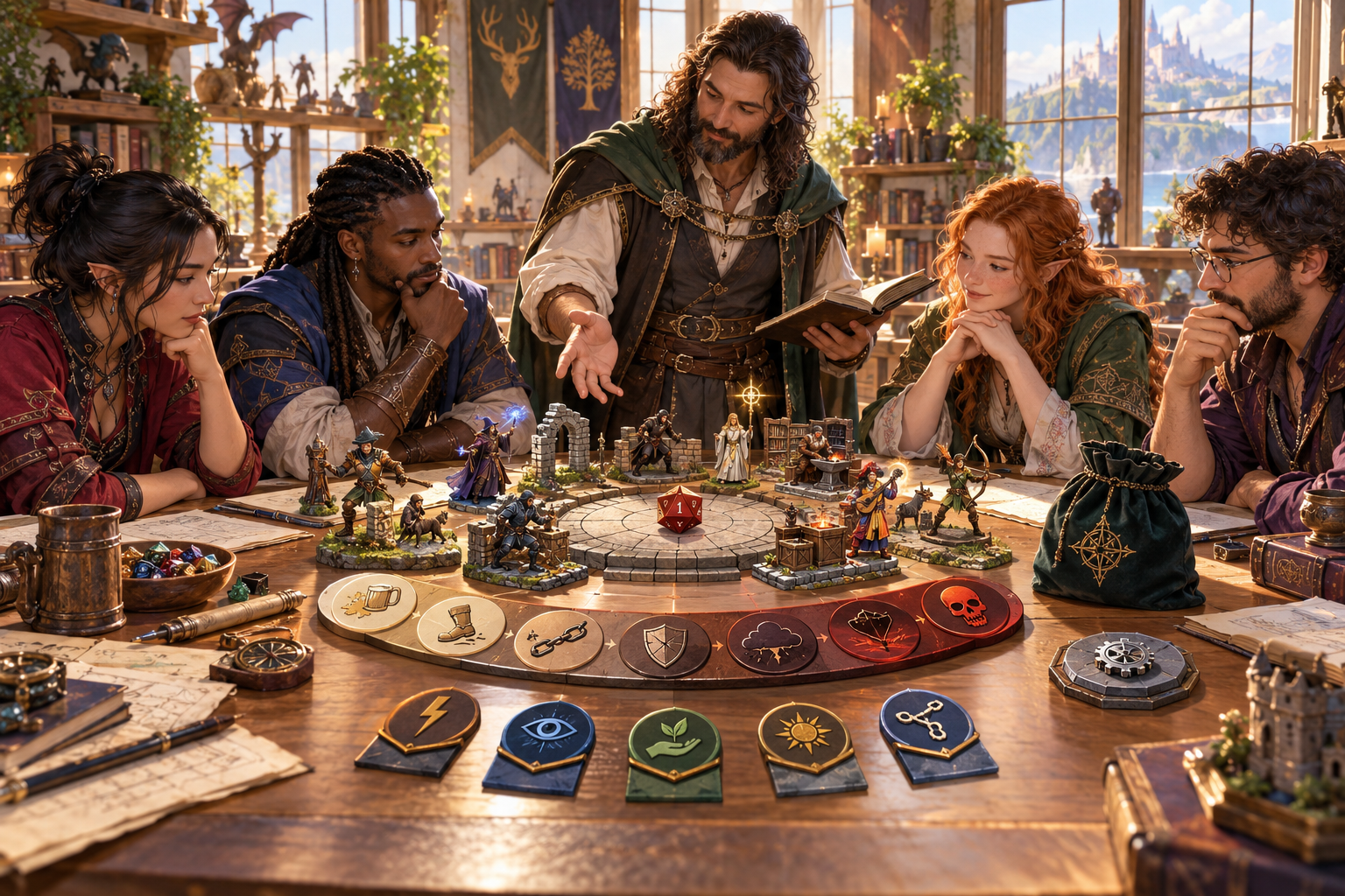 Fantasy illustration of a tabletop group reviewing a failed roll and possible consequences